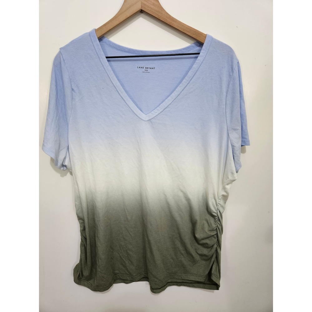Lane Bryant 18/20 Plus Size Ombré Dip Dye V Neck Ruched Side T Shirt Blue Olive